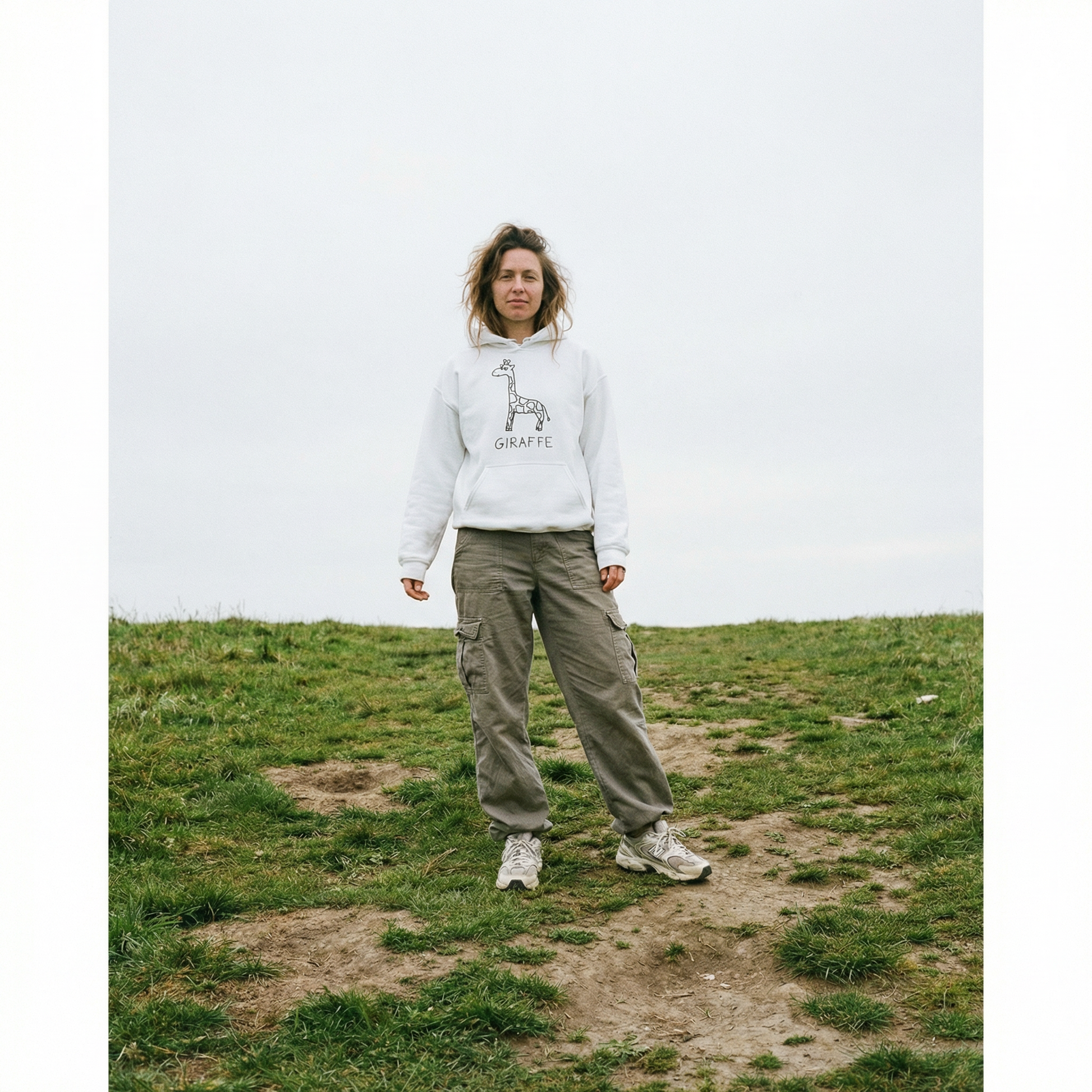 Person in a grassy field wearing a white hoodie with a quirky minimalist lofi giraffe drawing. 
