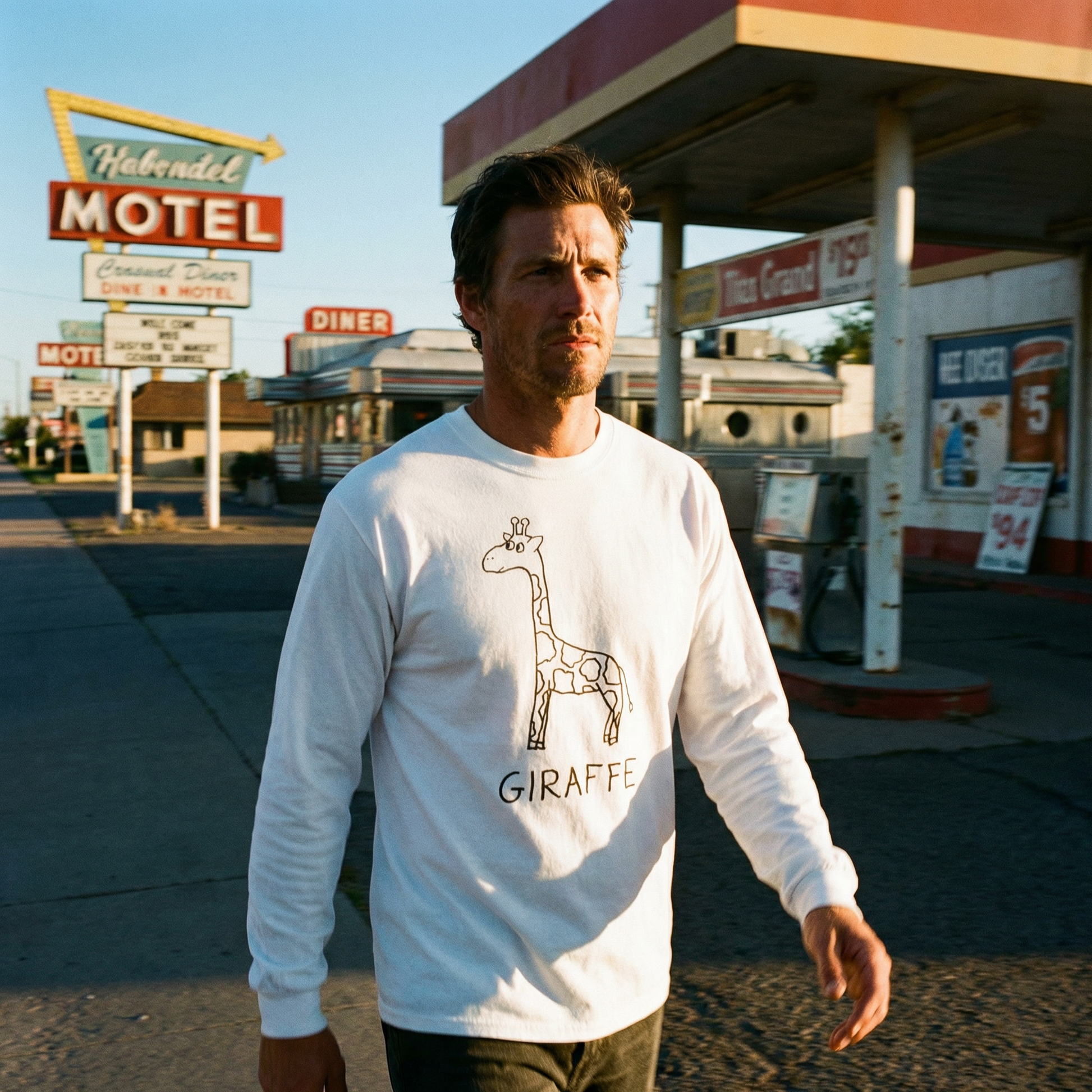 Man wearing a white long-sleeve  tee shirt with a hand drawn giraffe graphic in front of a vintage gas station along route 66.