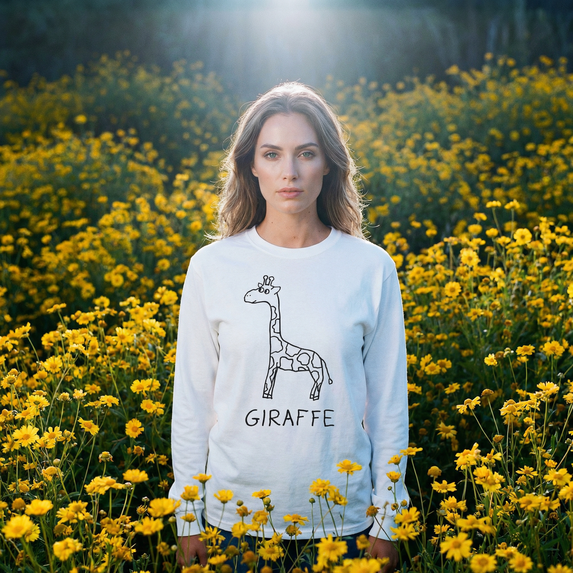 Woman wearing a white long sleeve t-shirt with a hand drawn giraffe design in a field of yellow flowers.