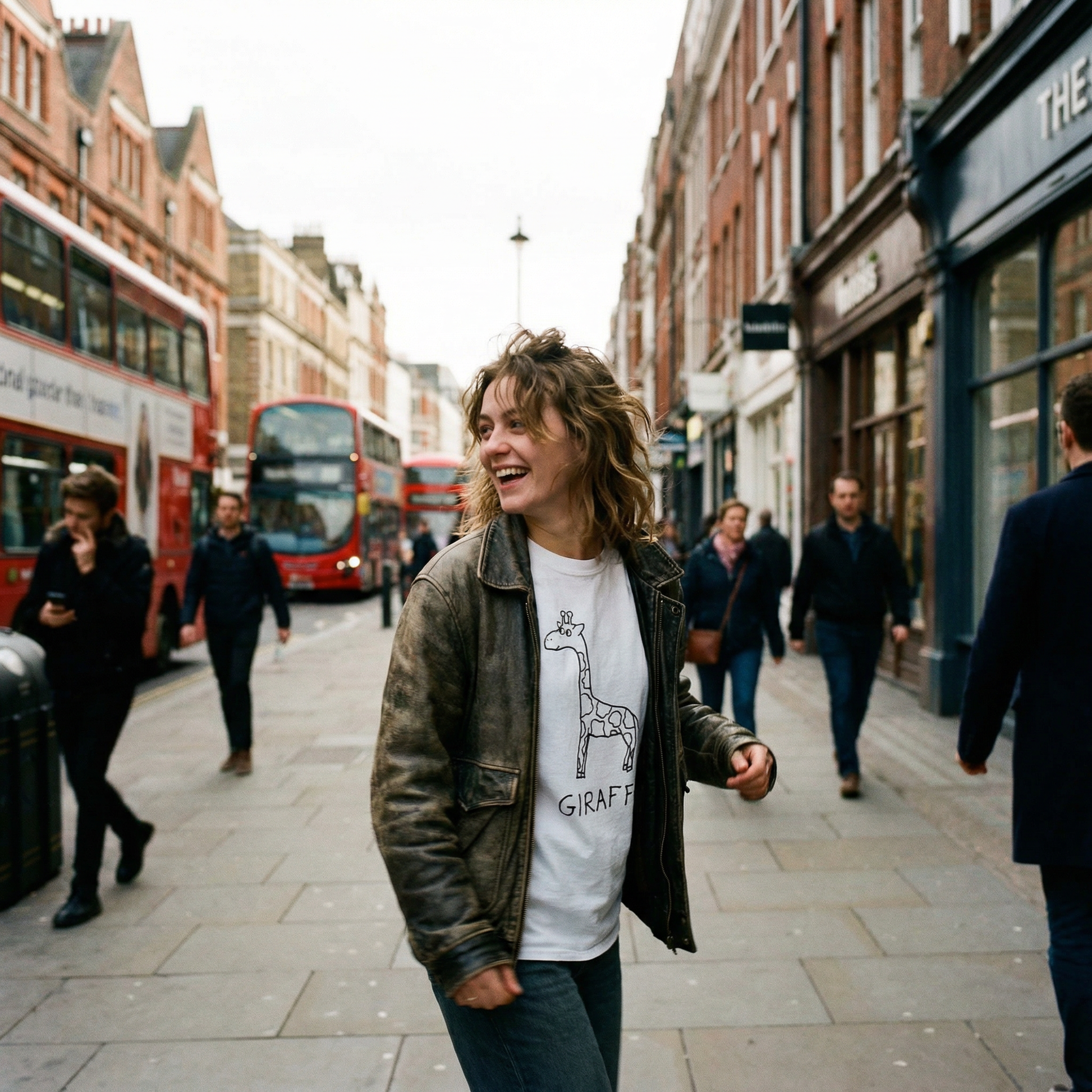 Woman wearing a white long sleeved tee with a hand drawn giraffe design and text, walking on a London street with double-decker buses in the background