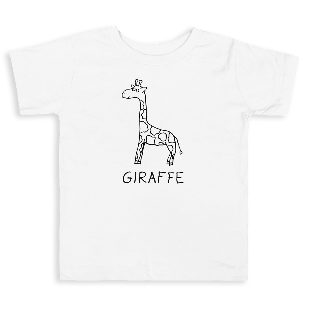 Toddler t-shirt with lo-fi hand drawn giraffe graphic and "GIRAFFE" text on a white background. 