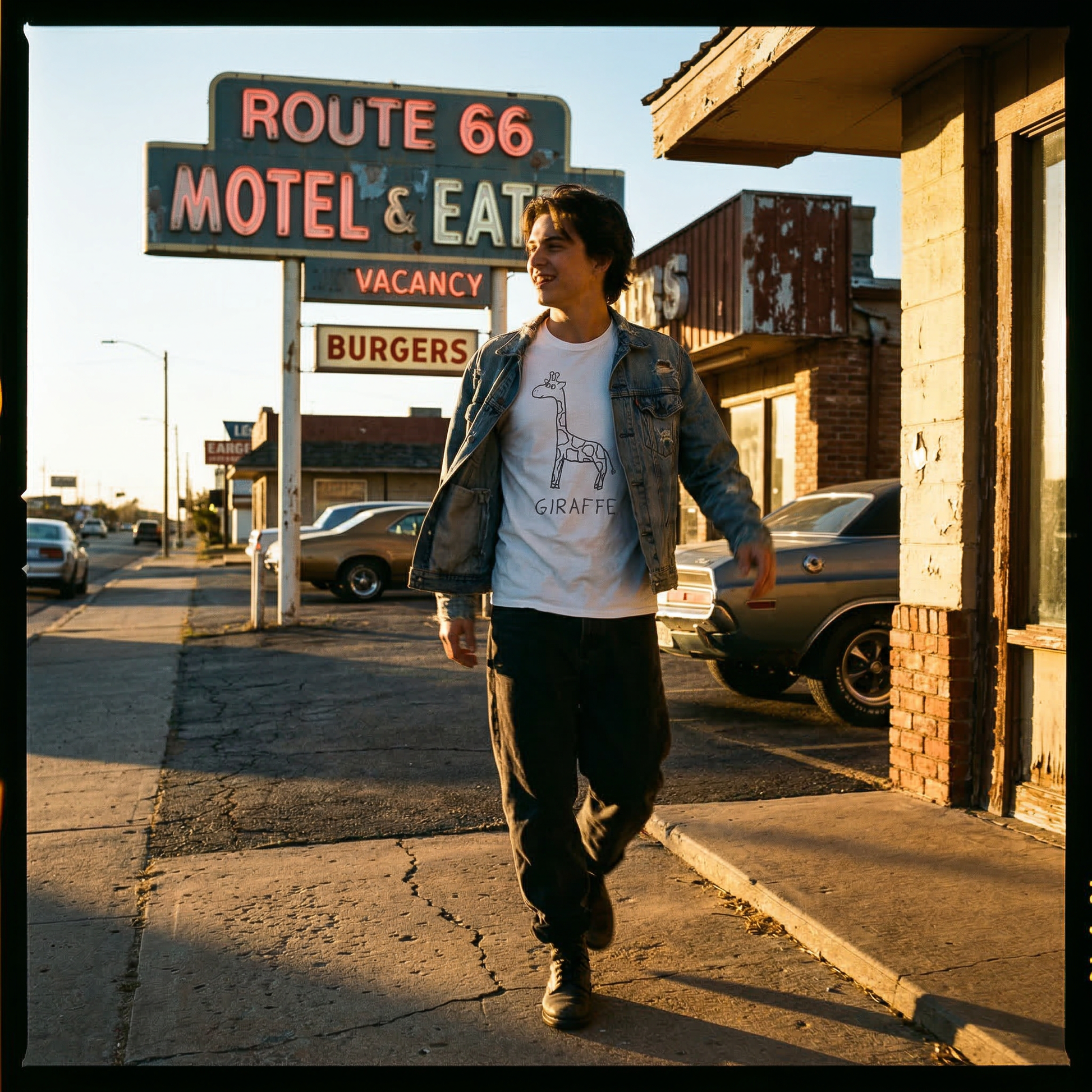 Giraffe classic tee in Americana setting – quirky animal graphic tee