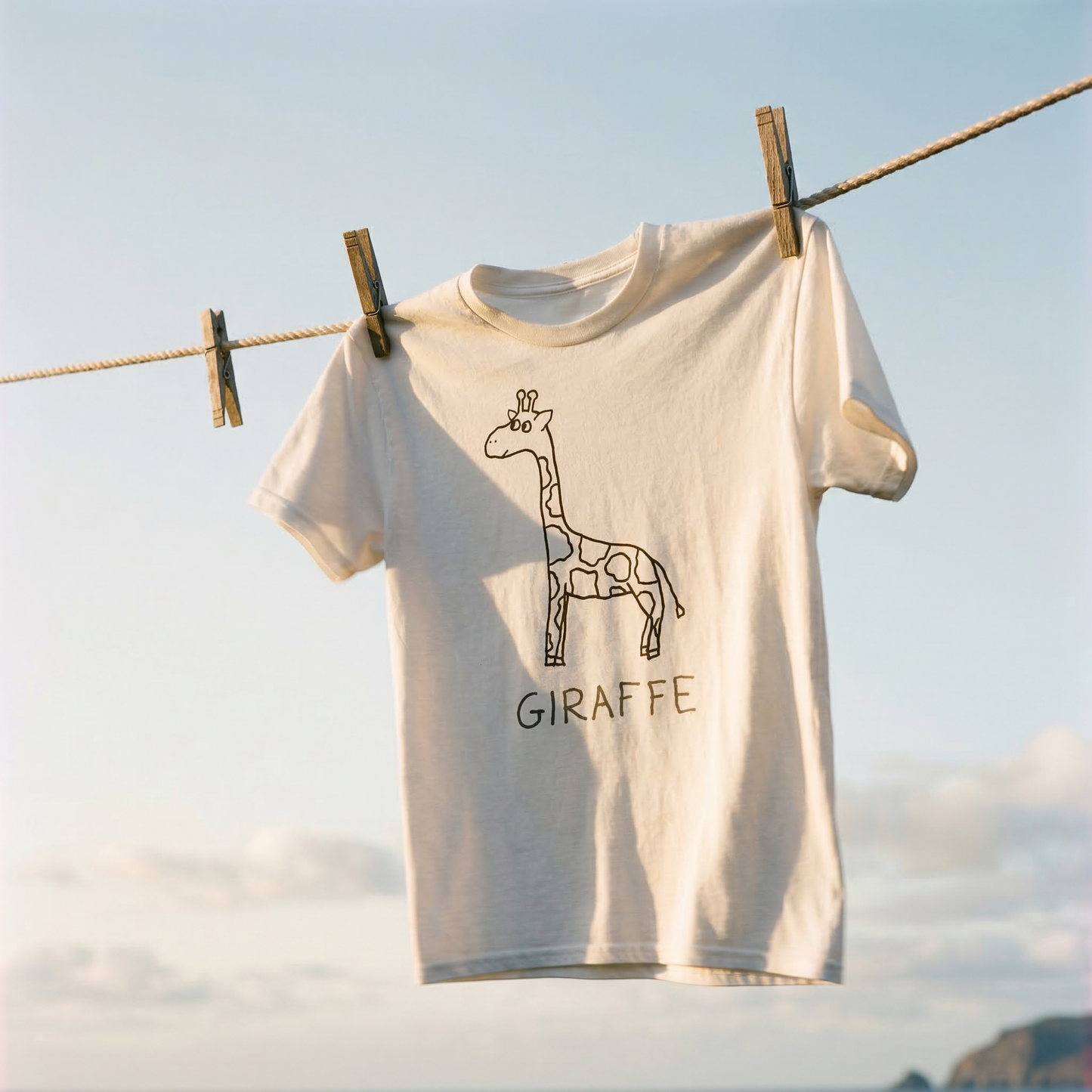 White t-shirt with a giraffe design and 'GIRAFFE' text hanging on a clothesline against a blue sky.