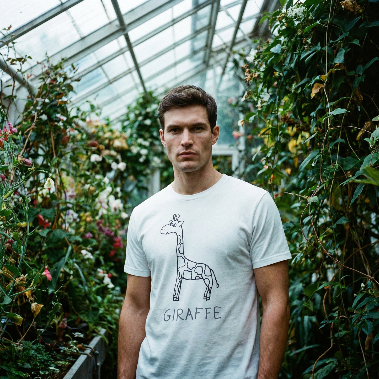 Giraffe graphic tee worn in greenhouse setting– lofi animal shirt streetwear style