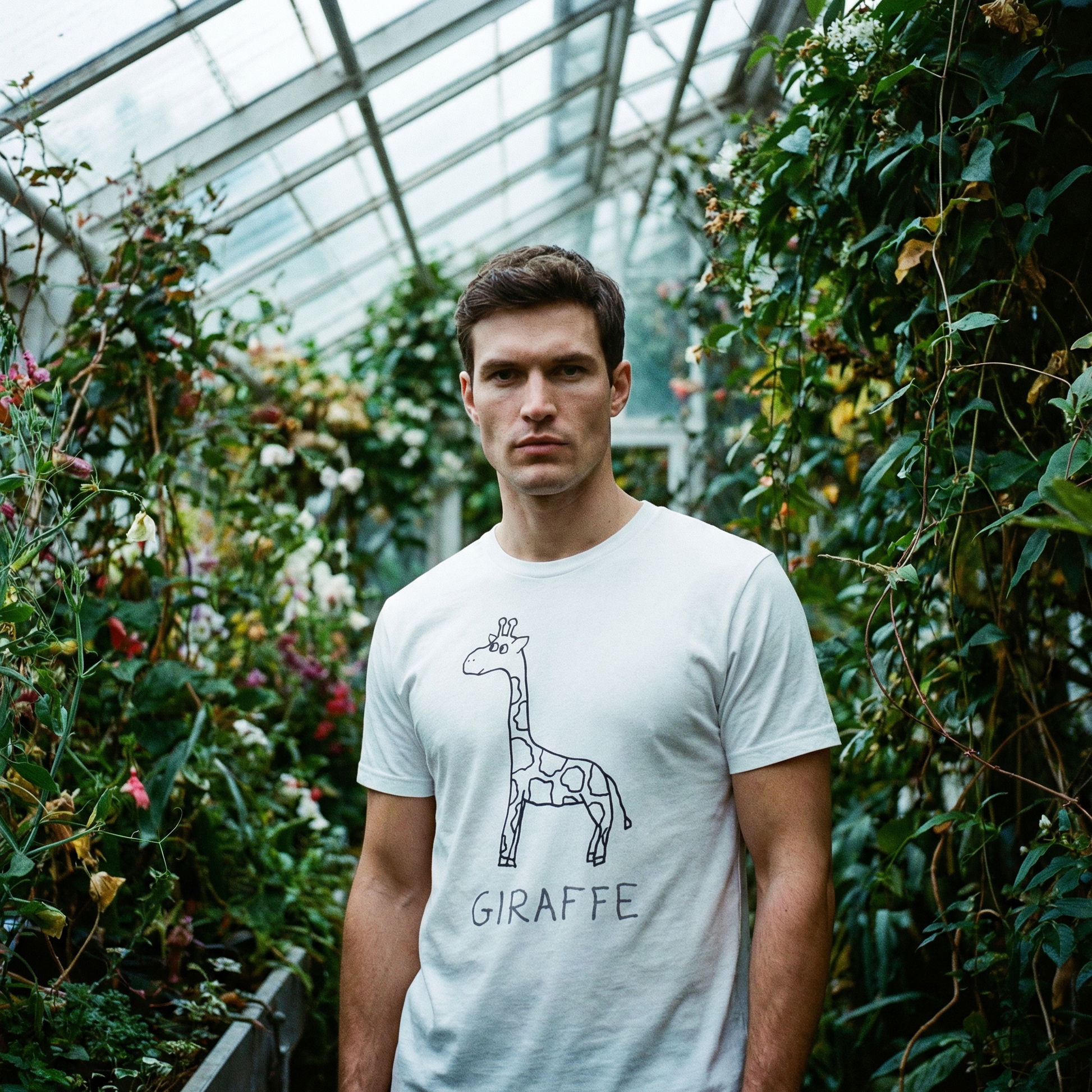 Giraffe graphic tee worn in greenhouse setting– lofi animal shirt streetwear style