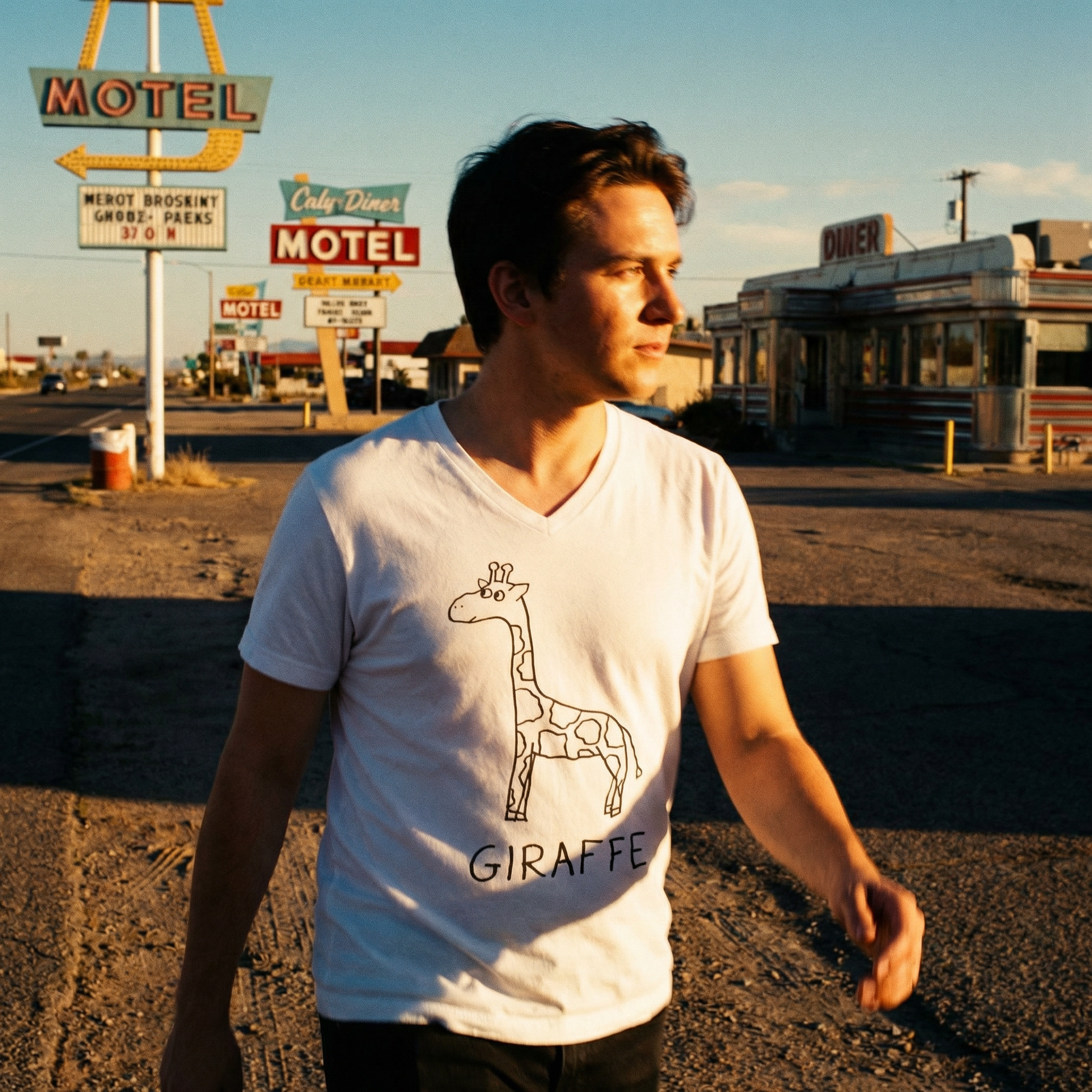 Model in giraffe tee at a sun-baked roadside stop somewhere in the American West