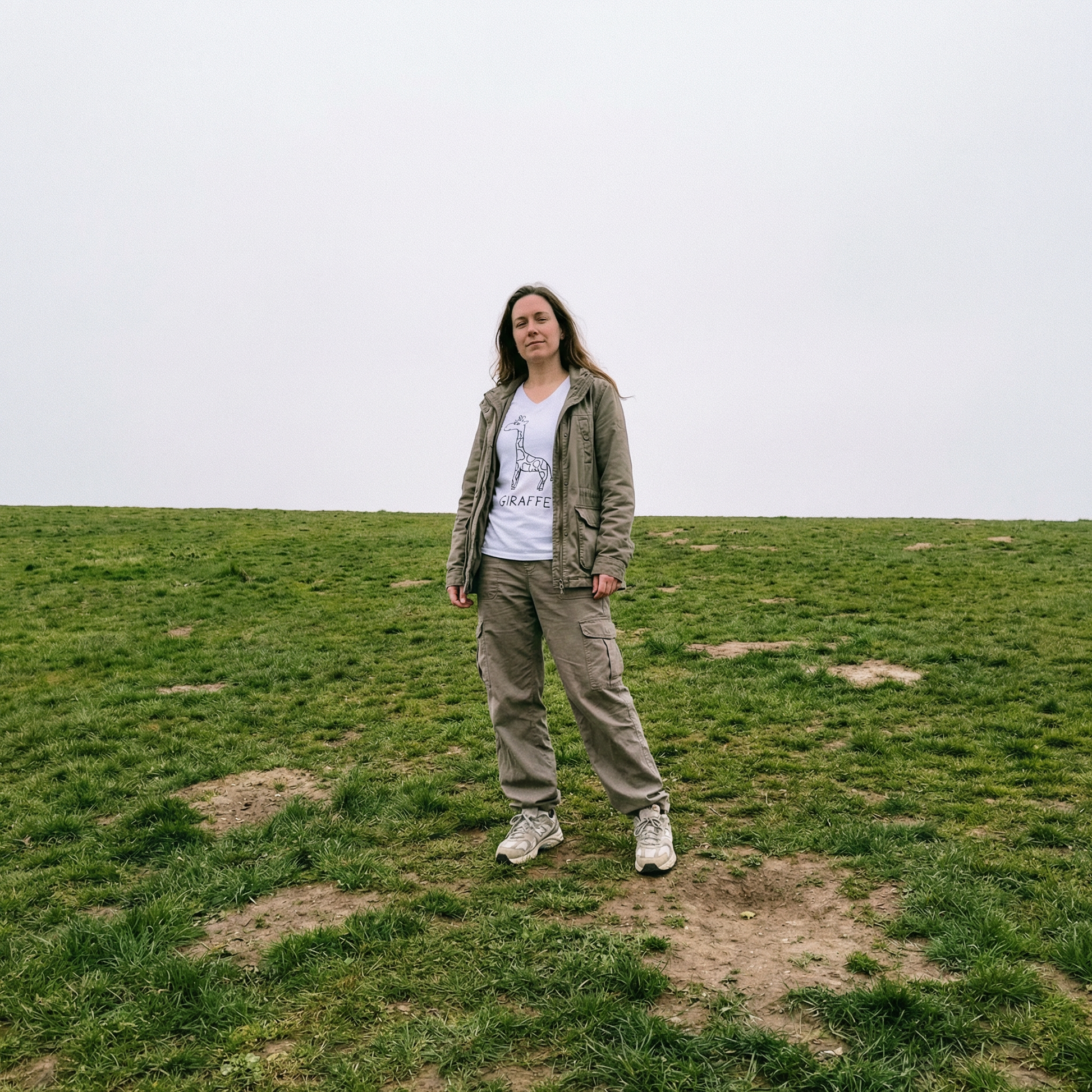 Model in giraffe v-neck tee in a sprawling field, golden afternoon light