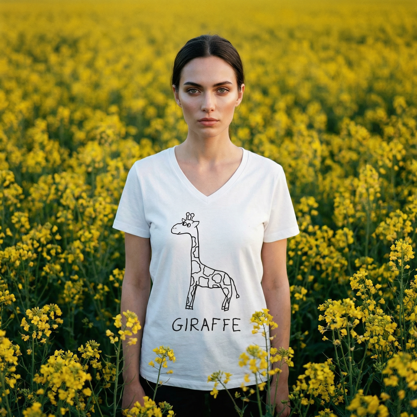 Model wearing lofi giraffe graphic tee standing in the middle of a bright yellow flower field