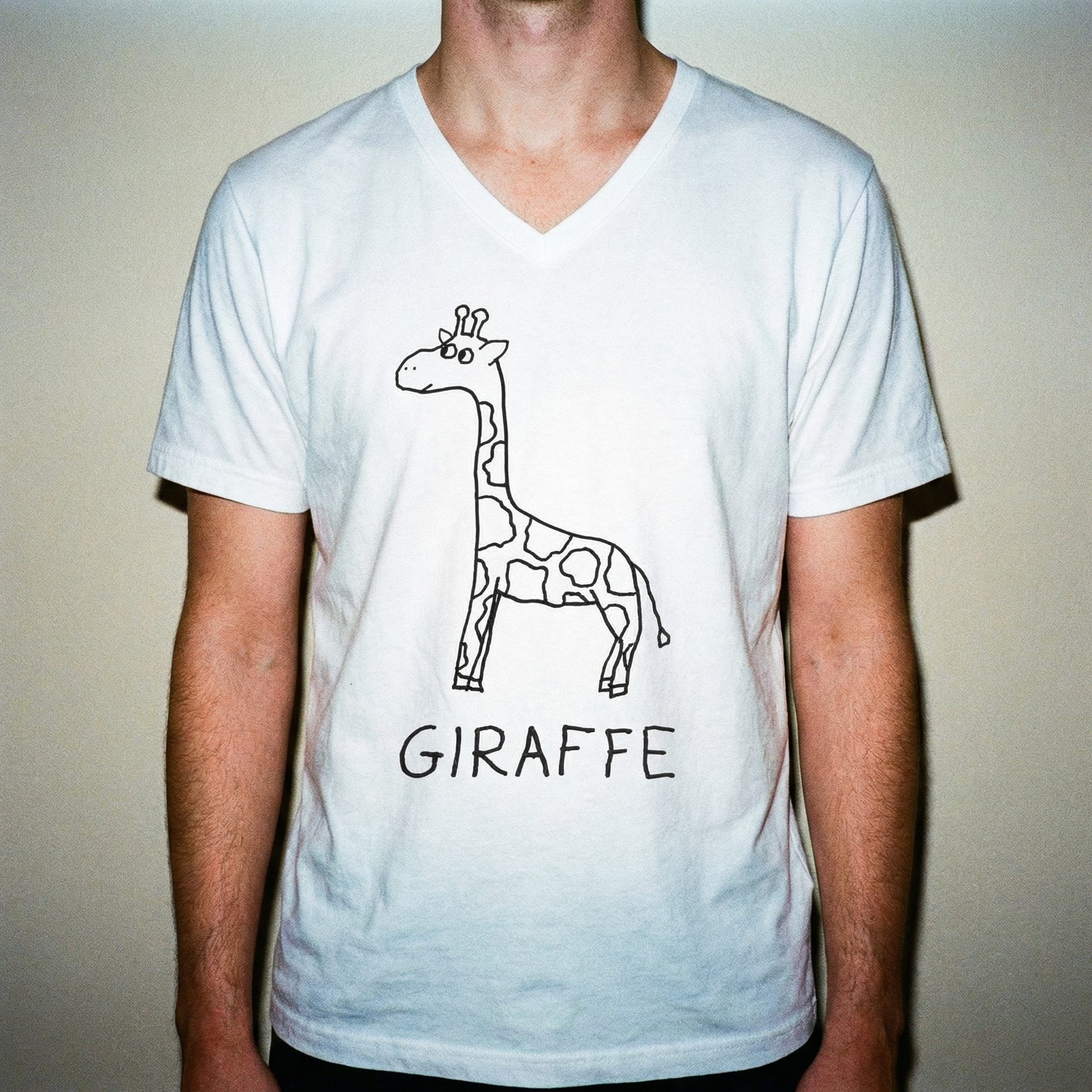 Model in giraffe v-neck tee, full-length shot, clean minimal background