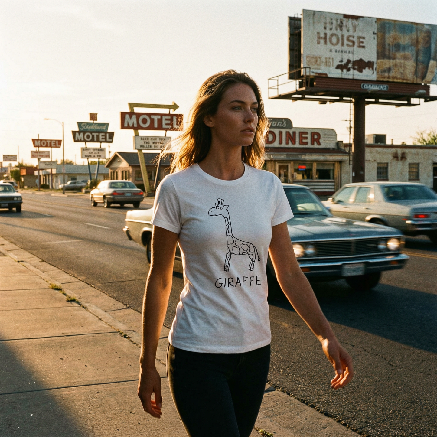 Giraffe women's tee in Americana setting – quirky animal graphic tee