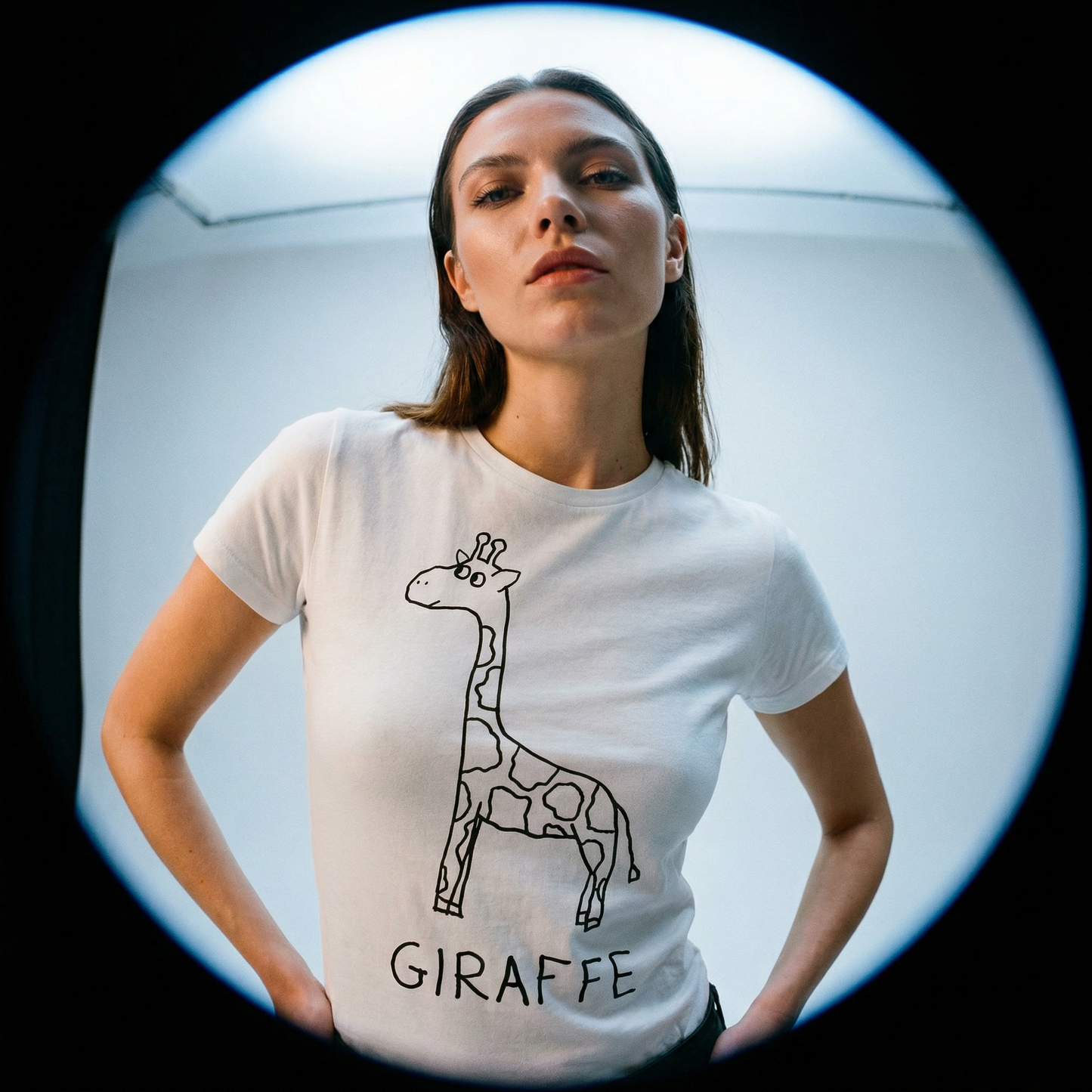 Giraffe graphic fitted tee fisheye shot – lofi animal shirt close-up