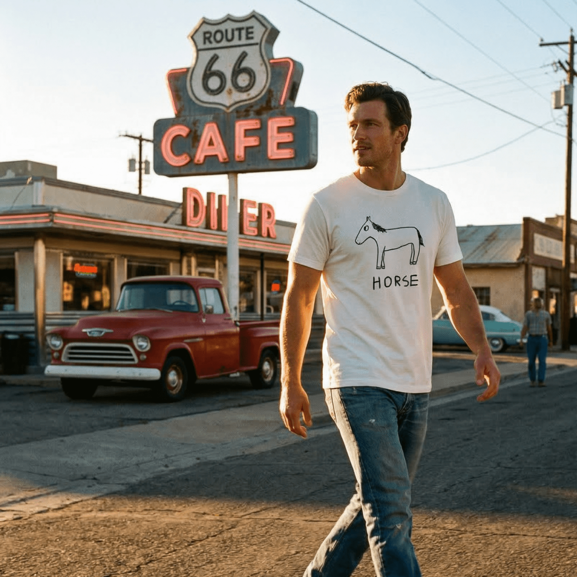 Man walking past a Route 66 cafe wearing a lo-fi Horse Classic Tee