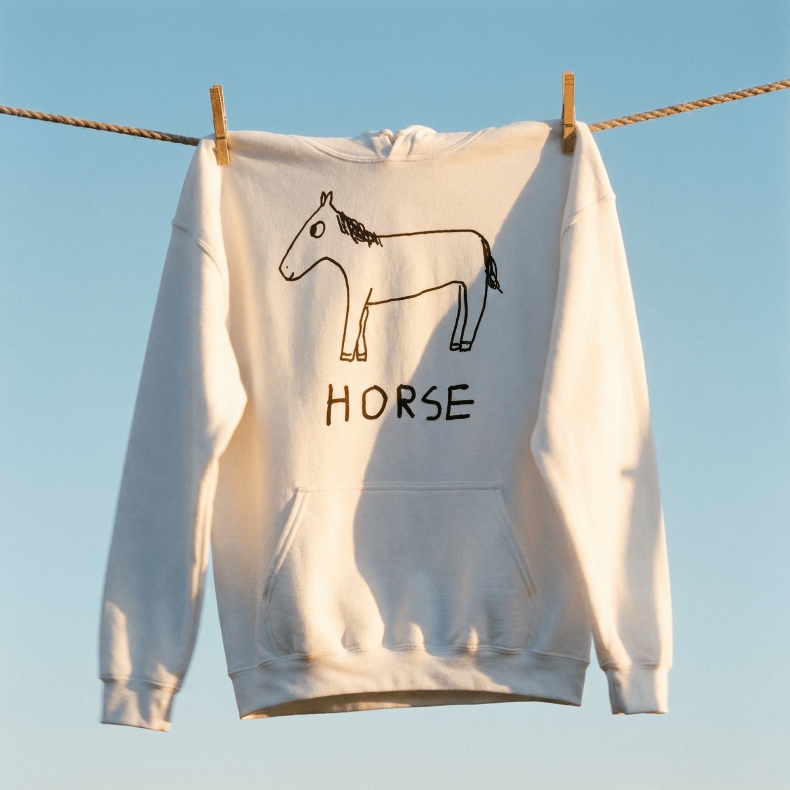 lo-fi Horse Hoodie — clothesline flat lay