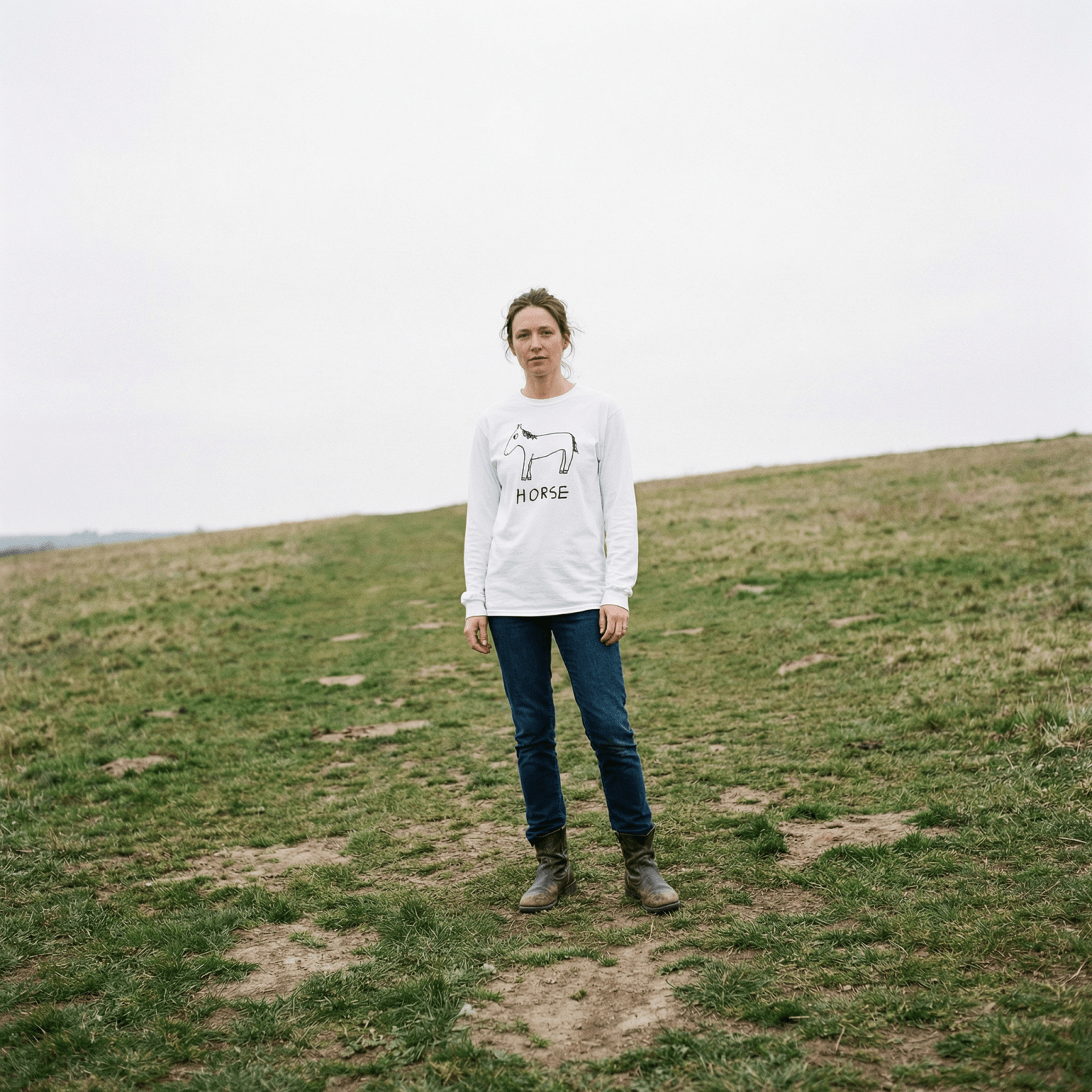 lo-fi Horse Long Sleeve Tee — hand-drawn horse graphic on a white long-sleeve t-shirt