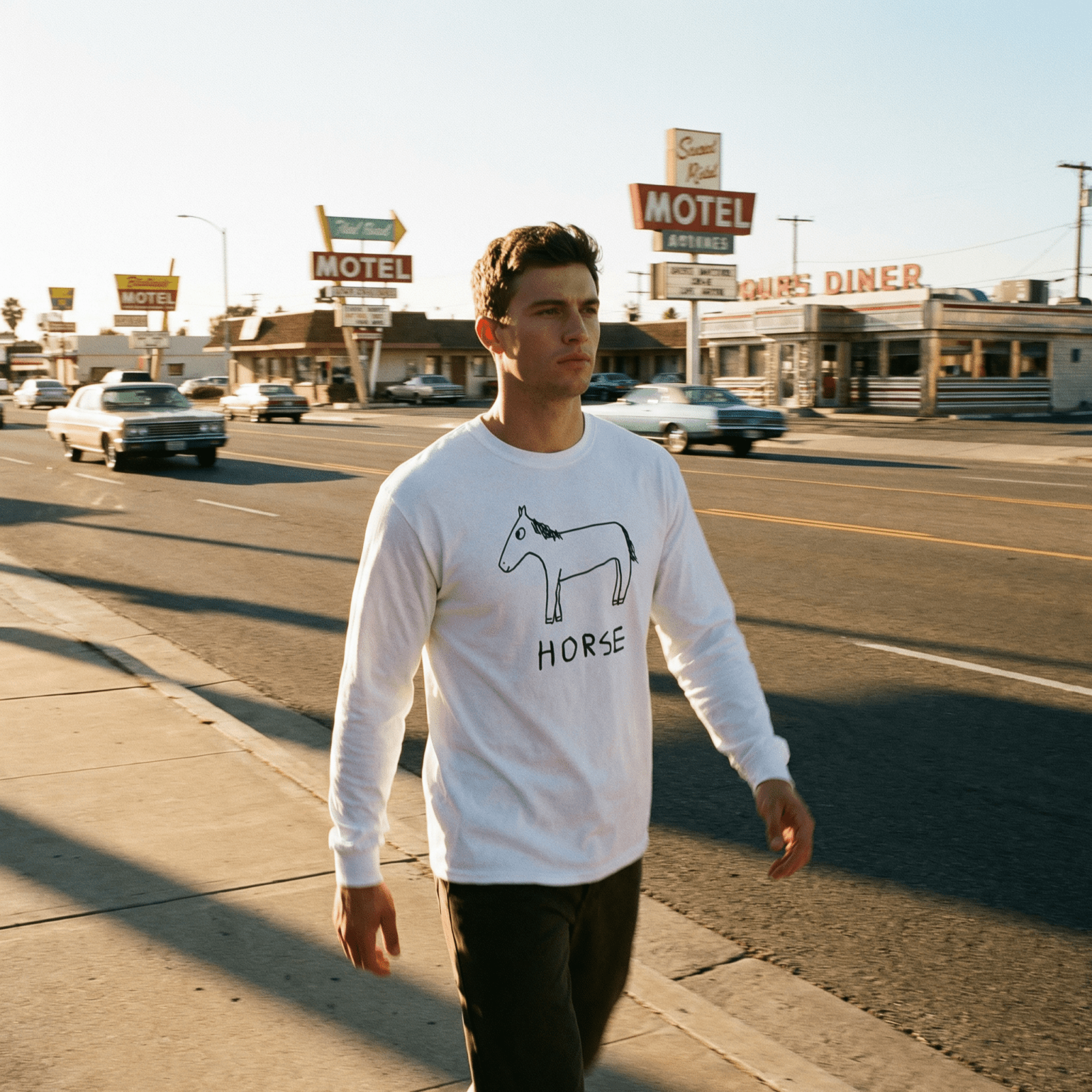 lo-fi Horse Long Sleeve Tee — hand-drawn horse graphic on a white long-sleeve t-shirt