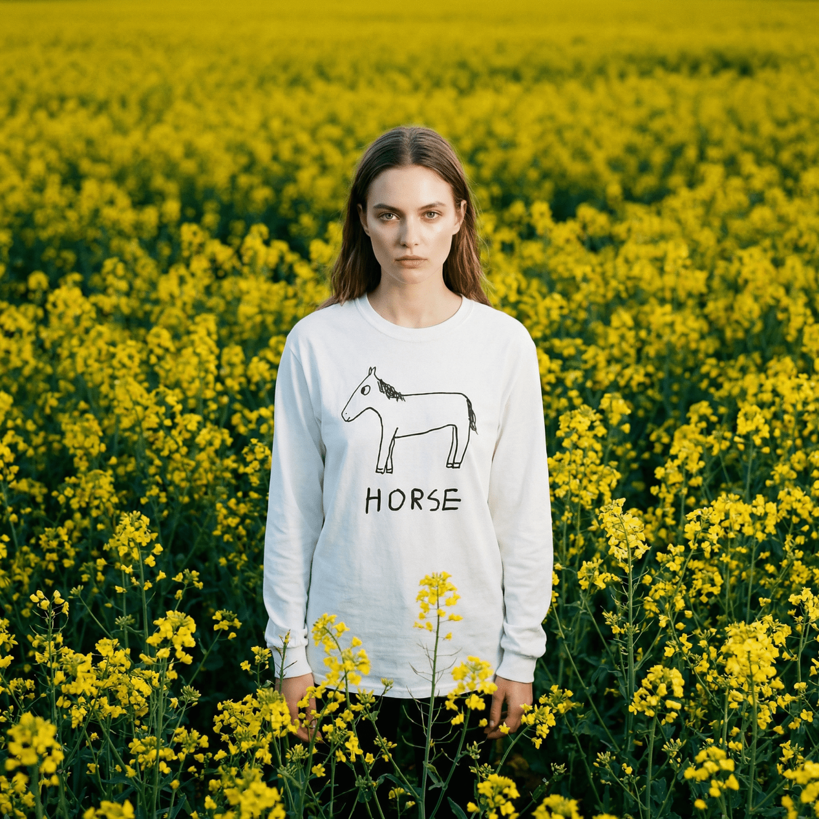 lo-fi Horse Long Sleeve Tee — hand-drawn horse graphic on a white long-sleeve t-shirt