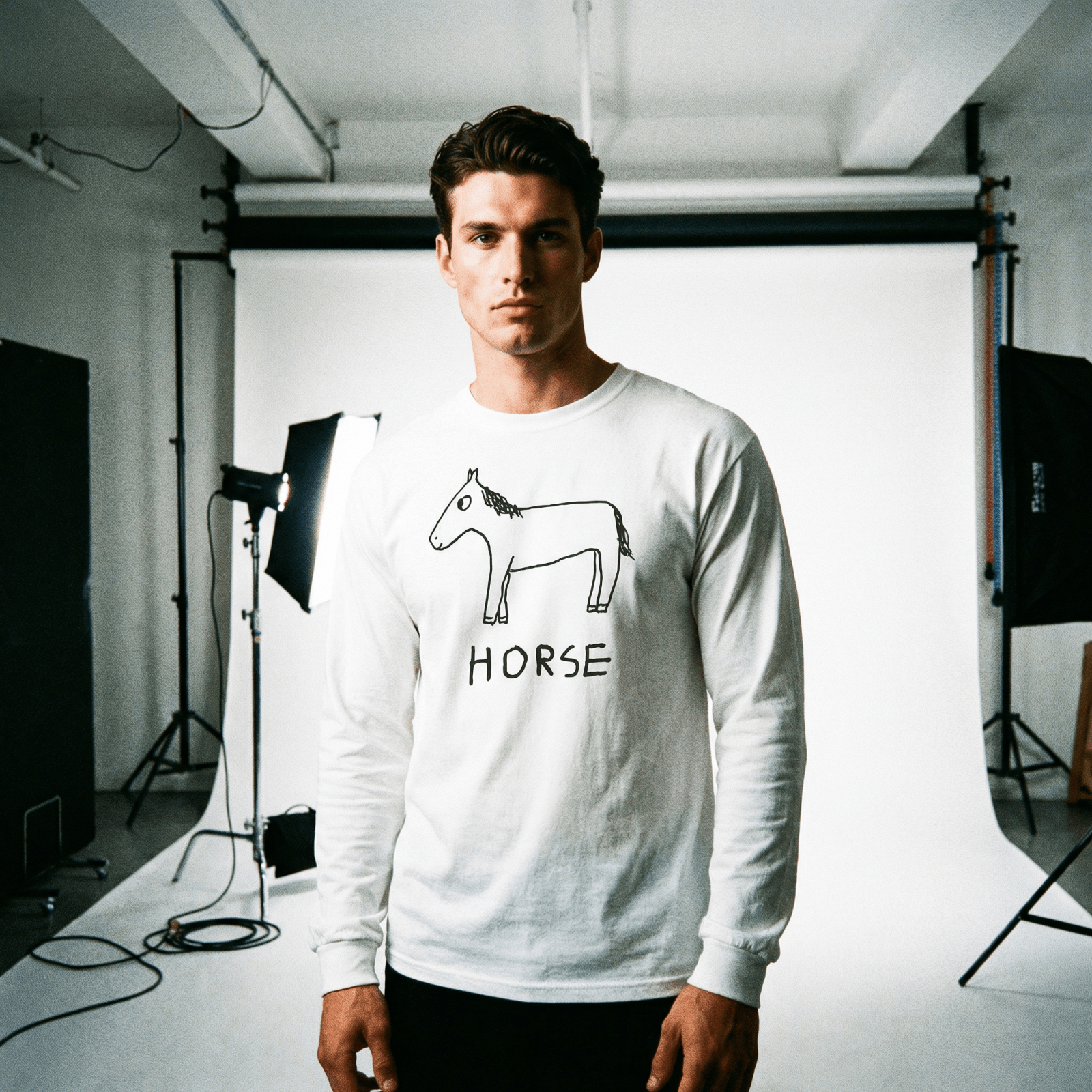 lo-fi Horse Long Sleeve Tee — hand-drawn horse graphic on a white long-sleeve t-shirt