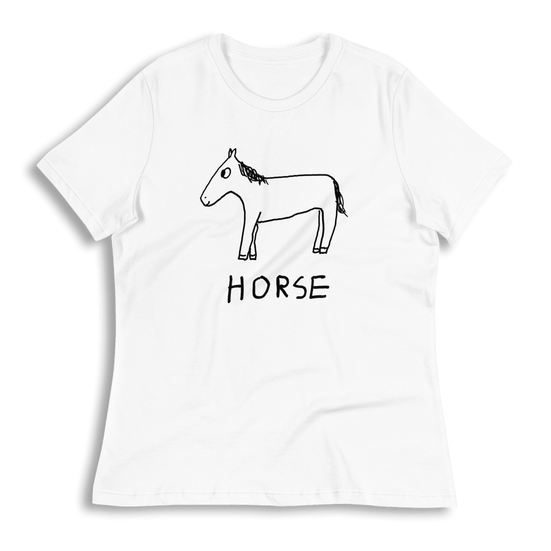 lo-fi Horse Women's Relaxed T-Shirt — hand-drawn horse graphic on a white relaxed-fit tee