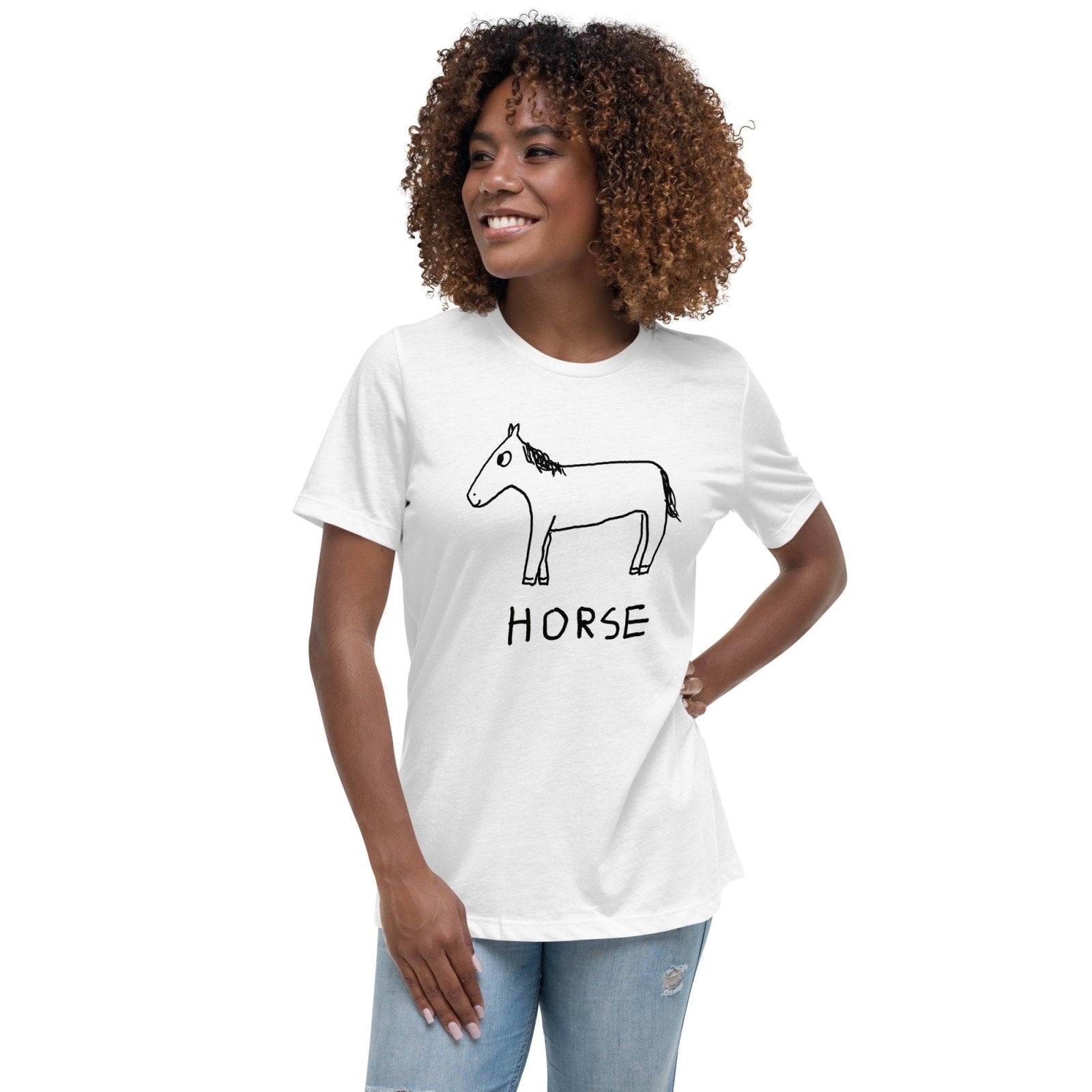 lo-fi Horse Women's Relaxed T-Shirt — hand-drawn horse graphic on a white relaxed-fit tee