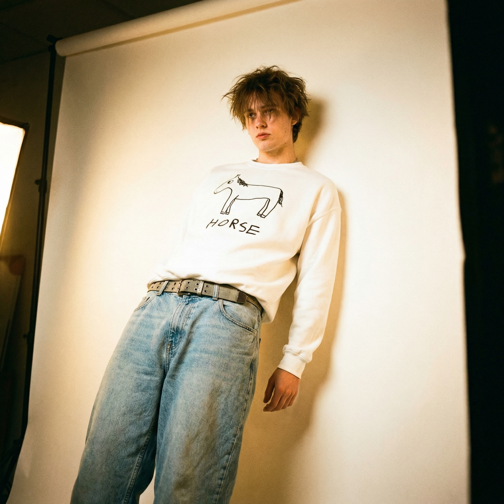 Person wearing a white lofi horse graphic crewneck sweatshirt with a graphic design and text, standing against a plain background.
