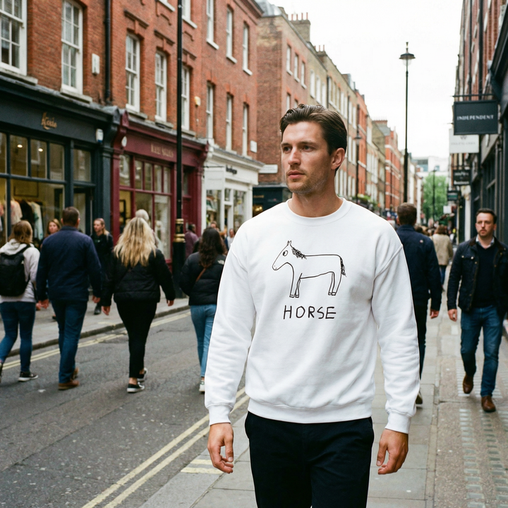 Person in a lofi horse graphic crewneck sweatshirt striding through Soho, brick facades and shopfronts behind