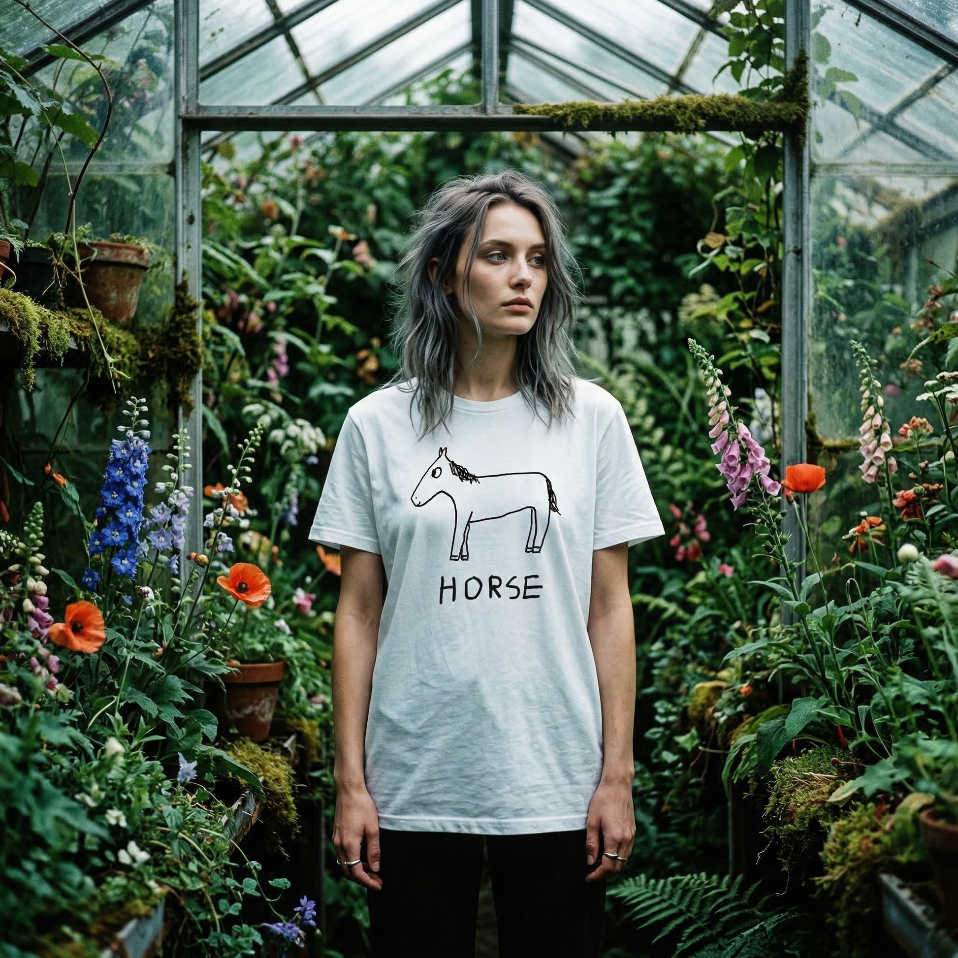 Horse classic tee worn by goth woman in greenhouse setting – quirky animal graphic tee