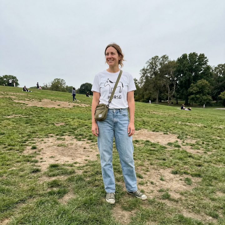 Horse shirt worn outdoors – minimalist lofi horse tee in natural setting