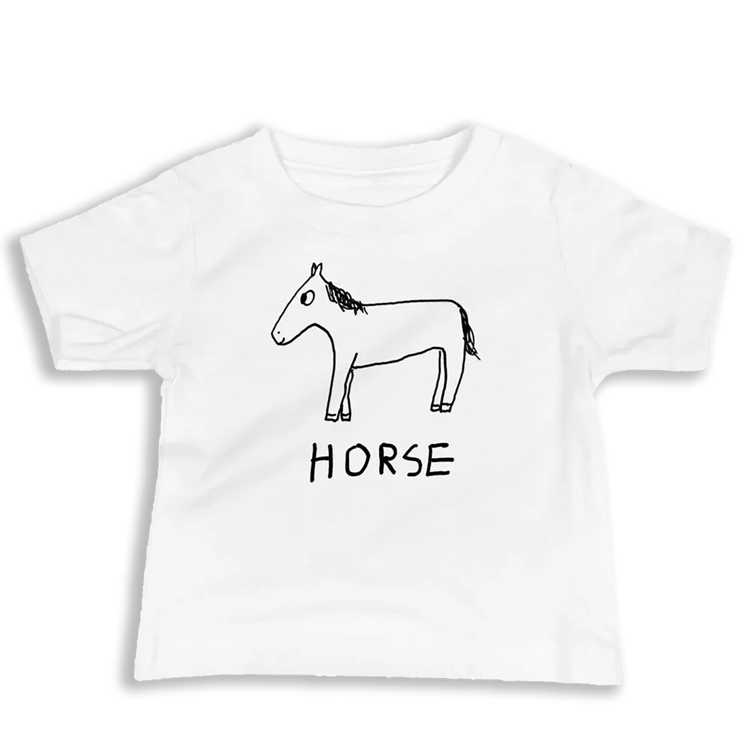 White Baby  t-shirt with a black horse illustration and 'HORSE' text on a white background