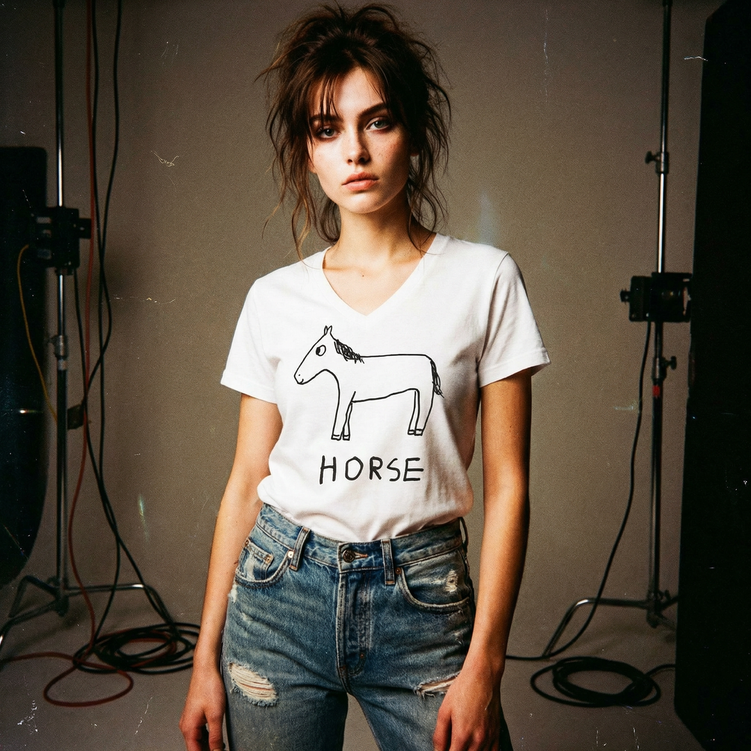 Model wearing a white v-neck t-shirt with a hand drawn horse graphic and &