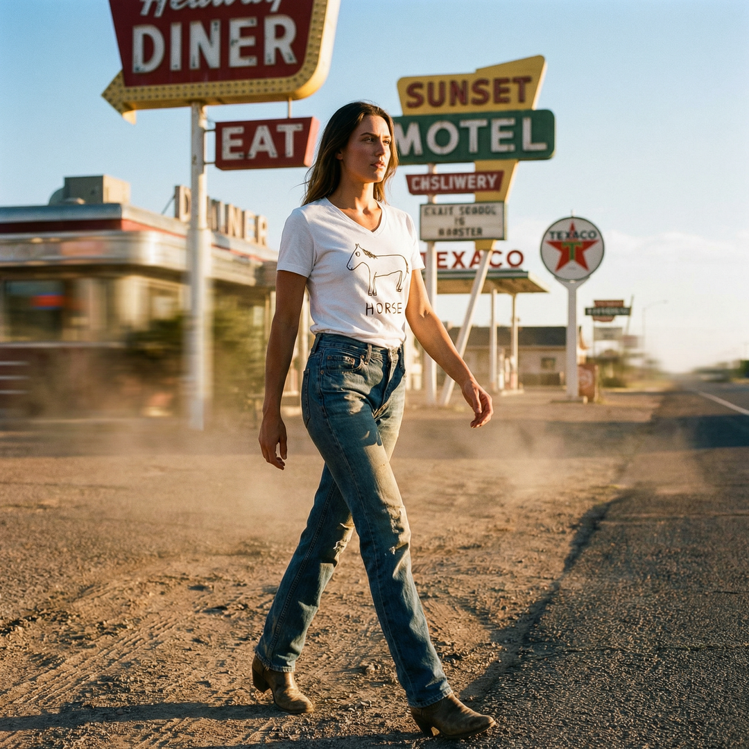 Model wearing a v-neck white t-shirt wiht a hand drawn HORSE graphic and test,walking on a road with vintage signs in the background