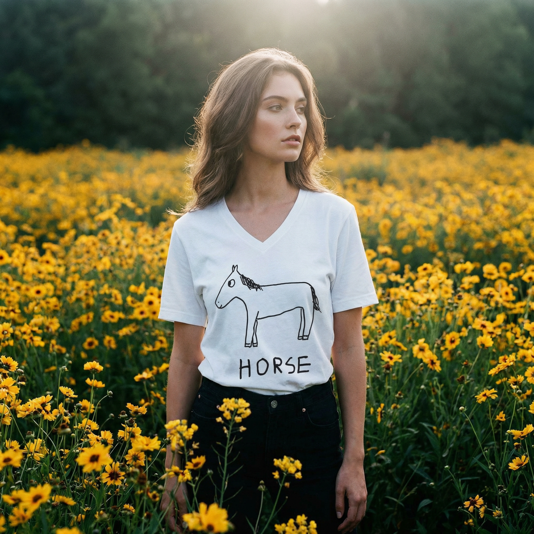 Model in horse tee standing tall in a field of yellow flowers, open sky above