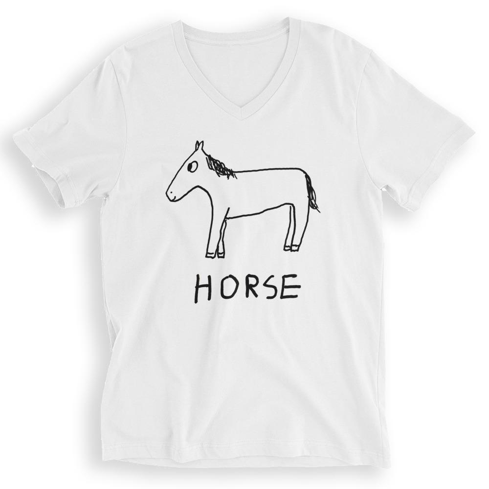 White v-neck t-shirt with a lo-fi hand-drawn horse illustration and 'HORSE' text on a white background