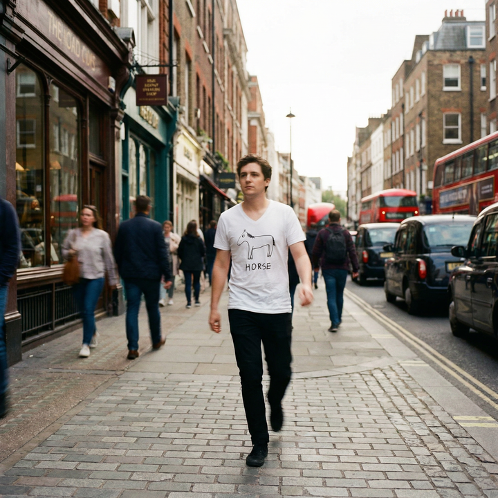 Model in white v-neck horse tee crossing a cobblestone lane in Soho, London
