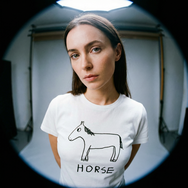 Horse graphic fitted tee fisheye shot – lofi animal shirt close-up