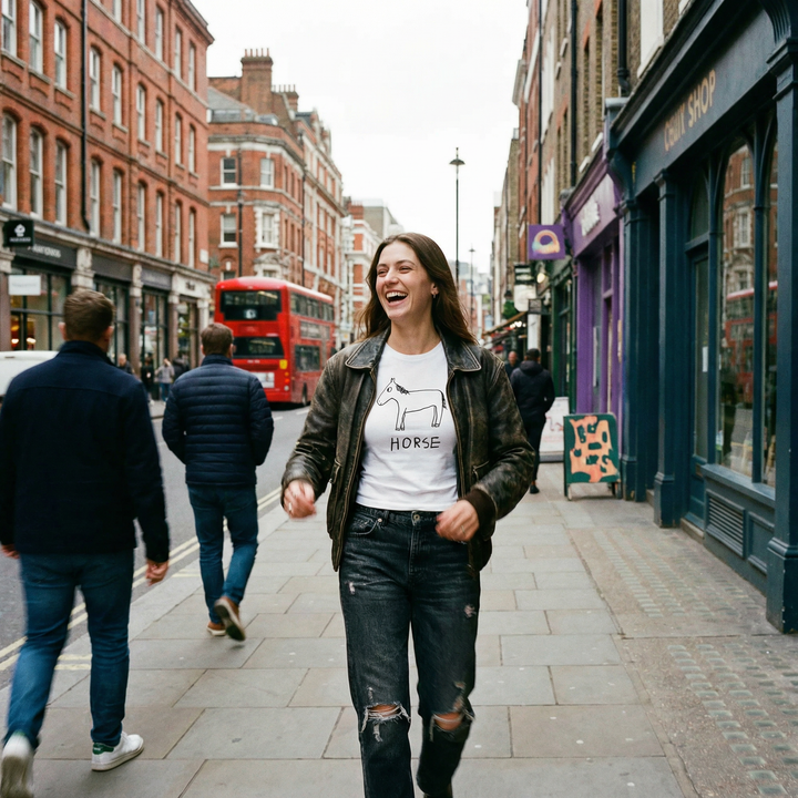Horse graphic fitted tee worn on city street – lofi animal shirt style