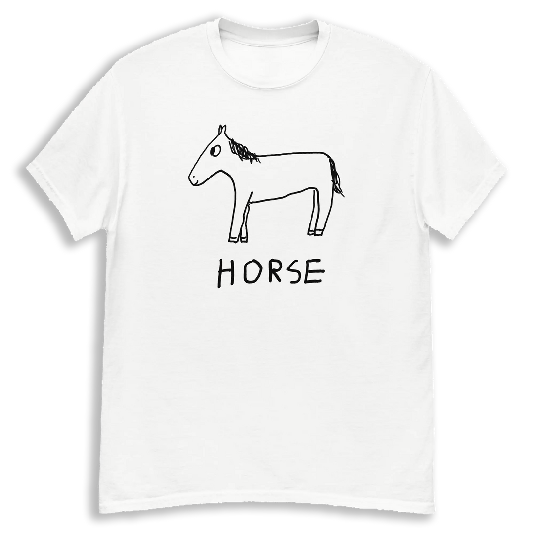 a white t-shirt with a lo-fi hand-drawn graphic of a horse with handwritten text "HORSE"