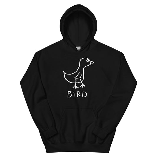 black hooded pullover sweatshirt featuring a crude marker drawing of a bird with the word "Bird" underneath