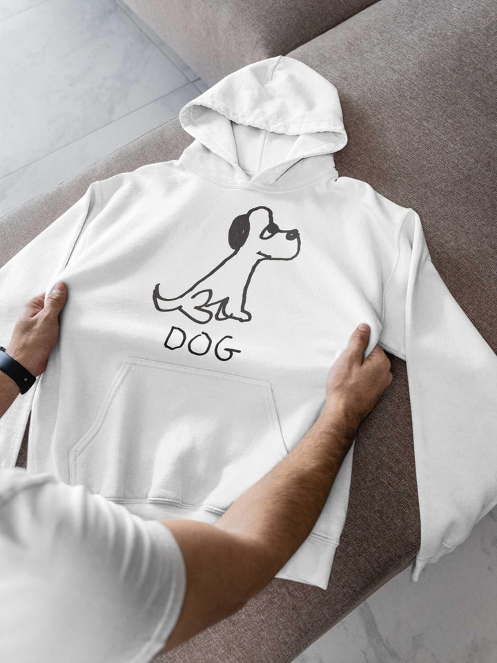  a white hoodie with a quirky minimalist lofi DOG drawing,