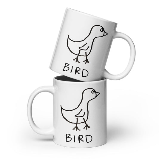 Two coffee mugs stacked on a white background, each  featuring a crude marker drawing of a bird with the word "Bird" underneath