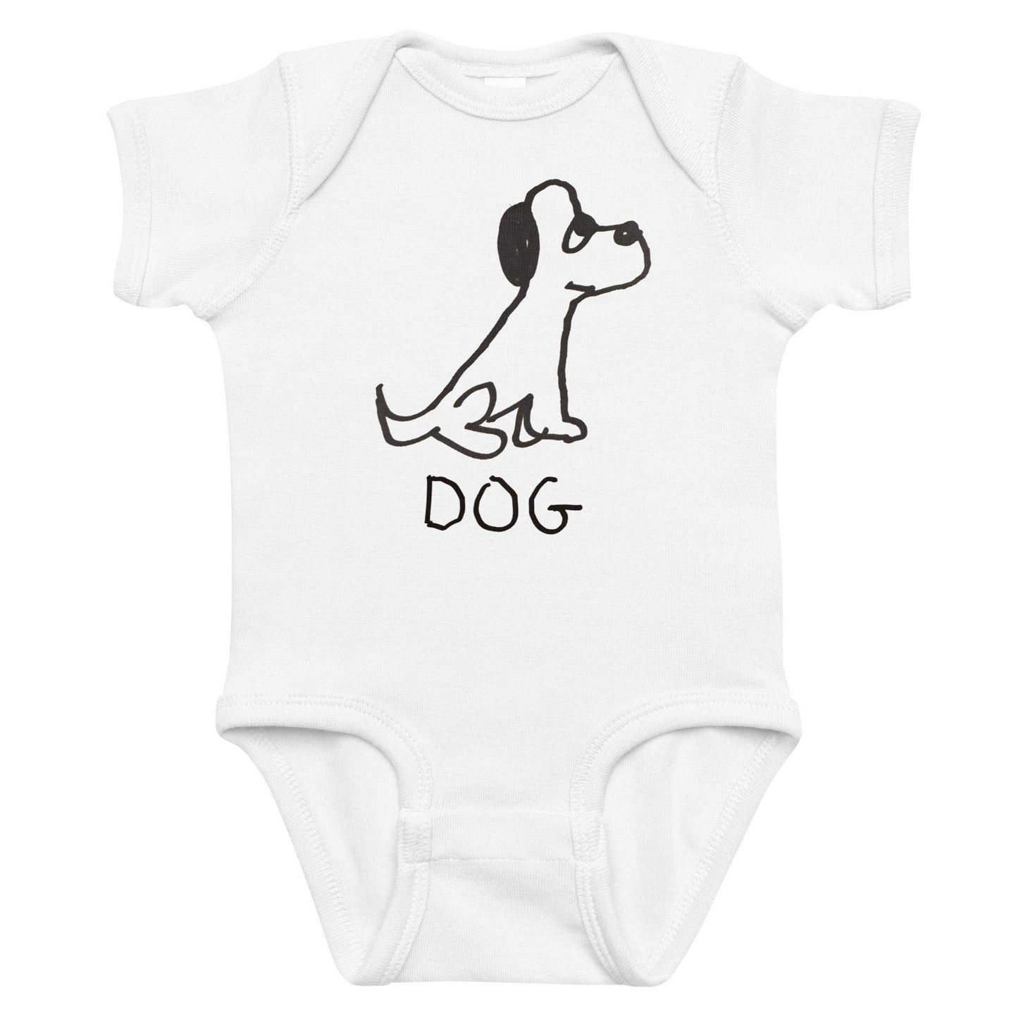 white baby onesie featuring a crude marker black and white marker drawing of a cute dog with the word "DOG" handwritten underneath
