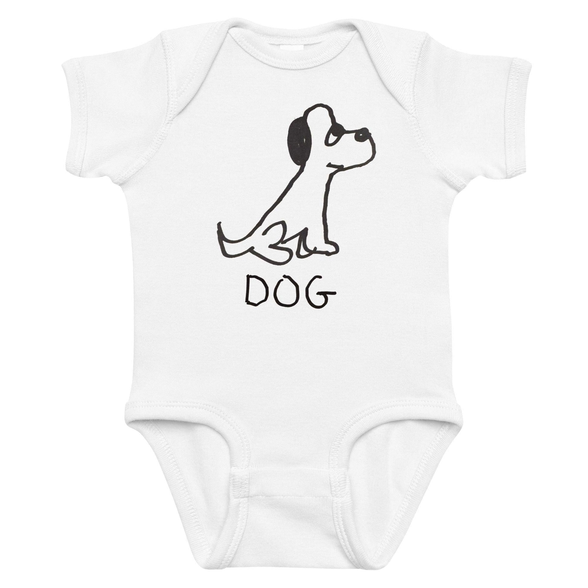 white baby onesie featuring a crude marker black and white marker drawing of a cute dog with the word "DOG" handwritten underneath