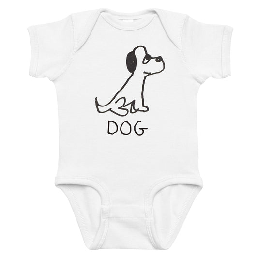 white baby onesie featuring a crude marker black and white marker drawing of a cute dog with the word "DOG" handwritten underneath