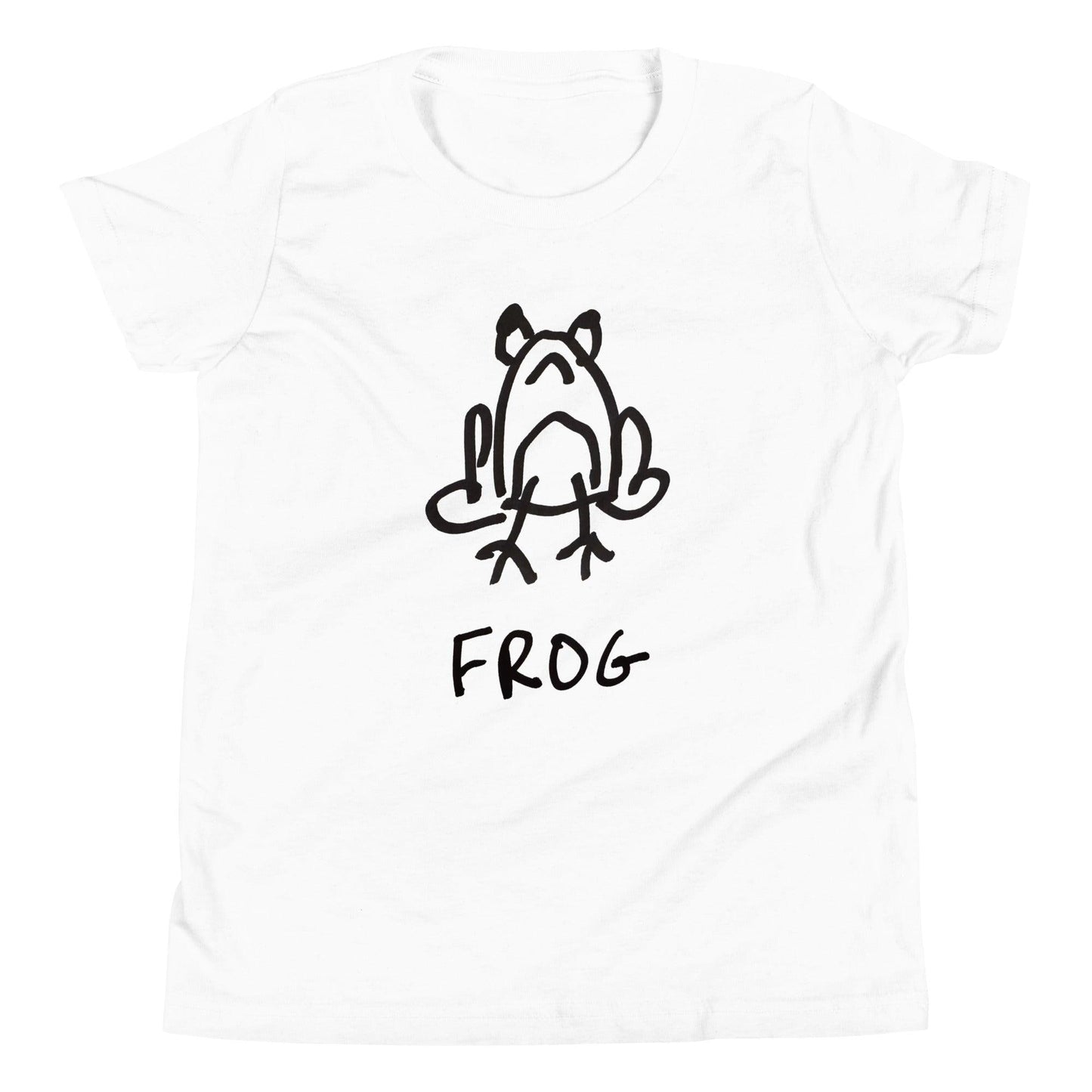 mockup of white kids' t-shirt featuring a crude but cute black and white marker marker drawing of a cute frog with the word “FROG” handwritten underneath