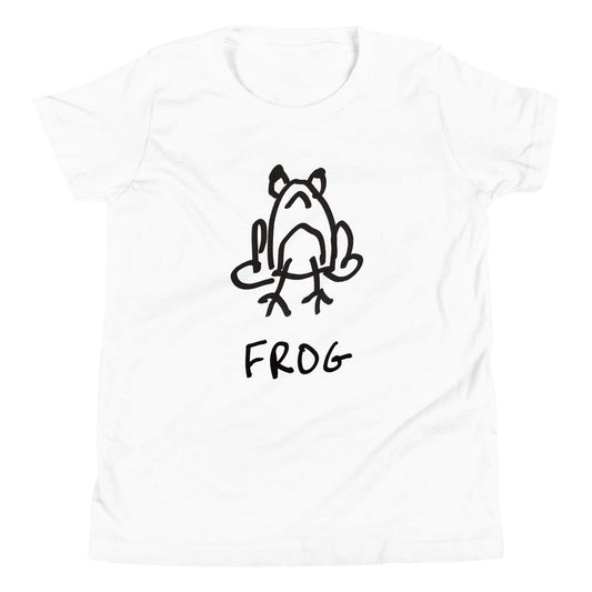 mockup of white kids' t-shirt featuring a crude but cute black and white marker marker drawing of a cute frog with the word “FROG” handwritten underneath