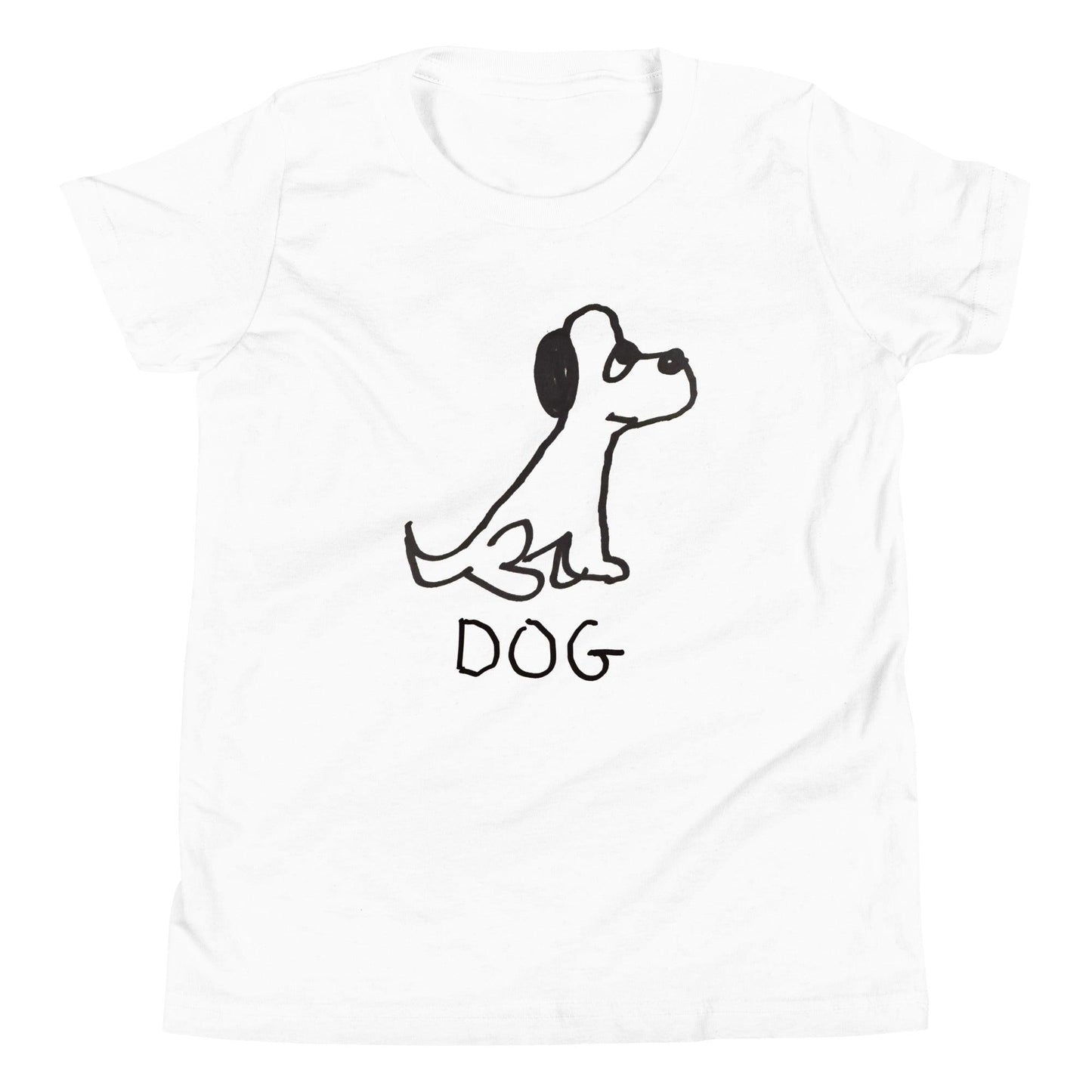 mockup of white kids' t-shirt featuring a crude marker black and white marker drawing of a cute dog with the word "DOG" handwritten underneath