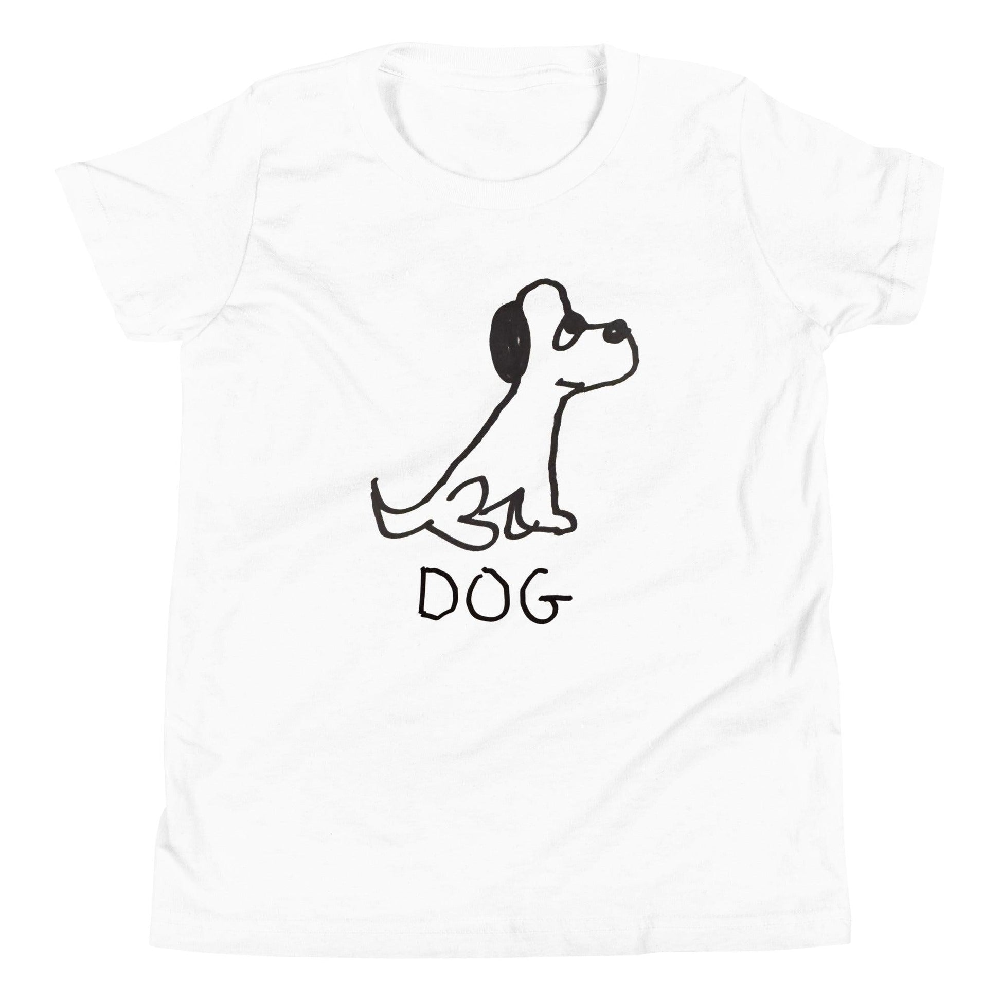 mockup of white kids' t-shirt featuring a crude marker black and white marker drawing of a cute dog with the word "DOG" handwritten underneath