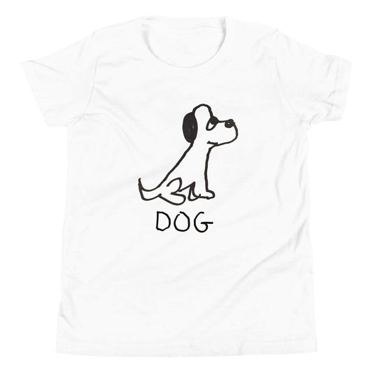 mockup of white kids' t-shirt featuring a crude marker black and white marker drawing of a cute dog with the word "DOG" handwritten underneath