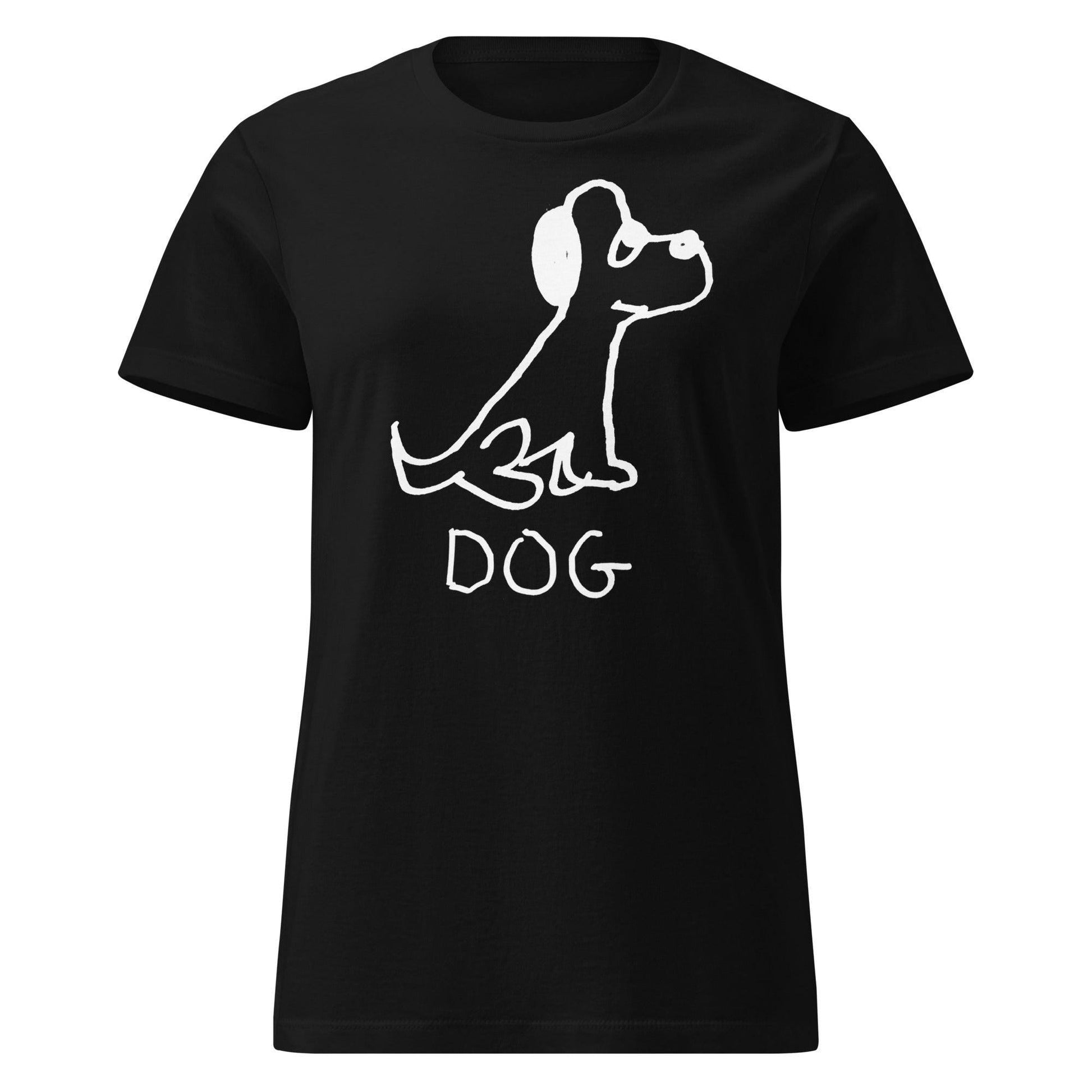 mockup of black women's fitted t-shirt featuring a crude marker drawing of a dog with the word "DOG" handwritten underneath.