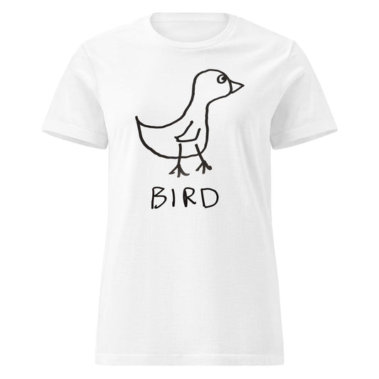  A women's fitted tee shirt with a crudely drawn black marker drawing of a bird with the word "Bird" underneath