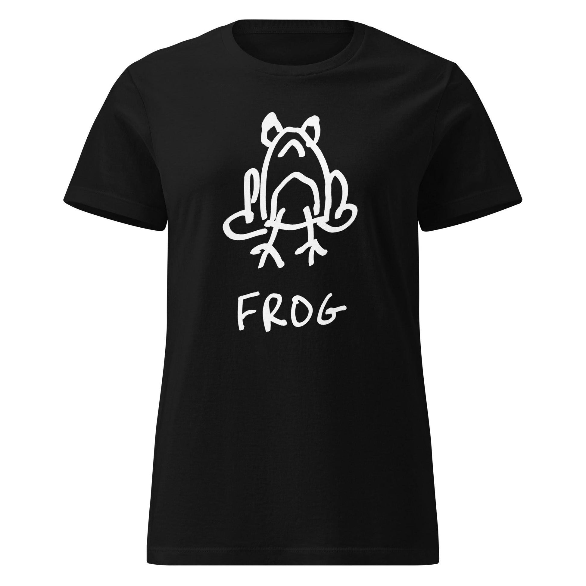 Mockup of a black women's fitted t-shirt featuring a crude but cute black and white marker marker drawing of a cute frog with the word “FROG” handwritten underneath